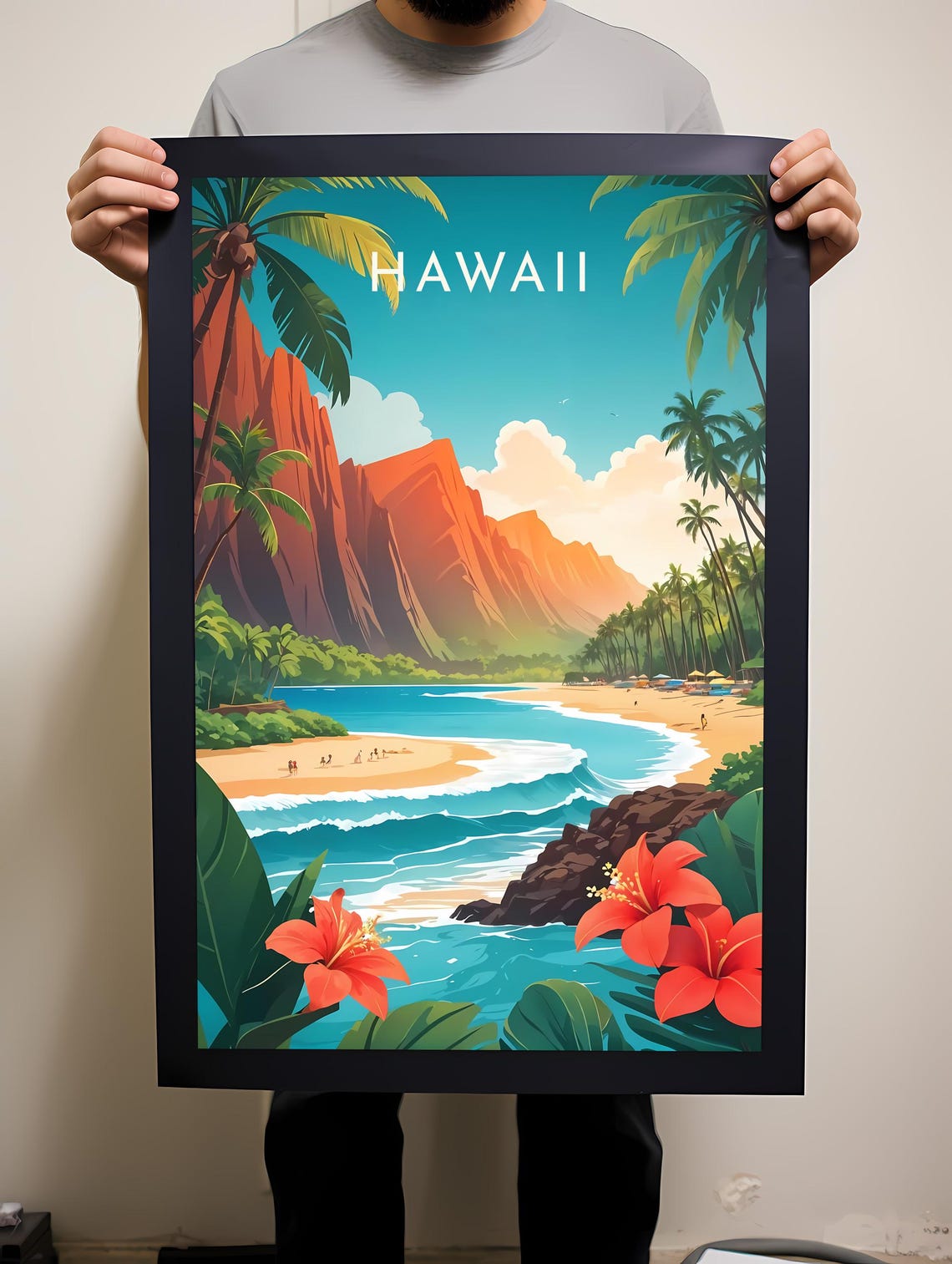 Hawaii Tropical Beach Cliffs Hibiscus Colorful Travel Poster - Image 2