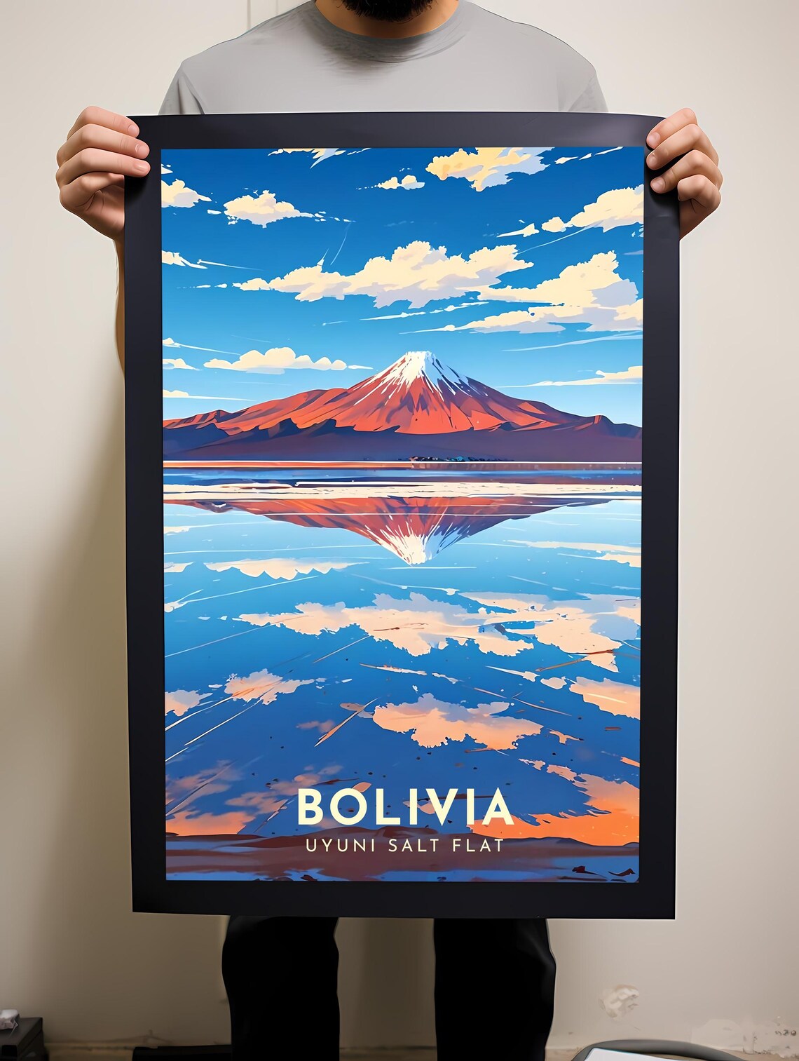 Bolivia Uyuni Salt Flat Mirror Reflection Volcano Colorful Illustrated Poster - Image 2