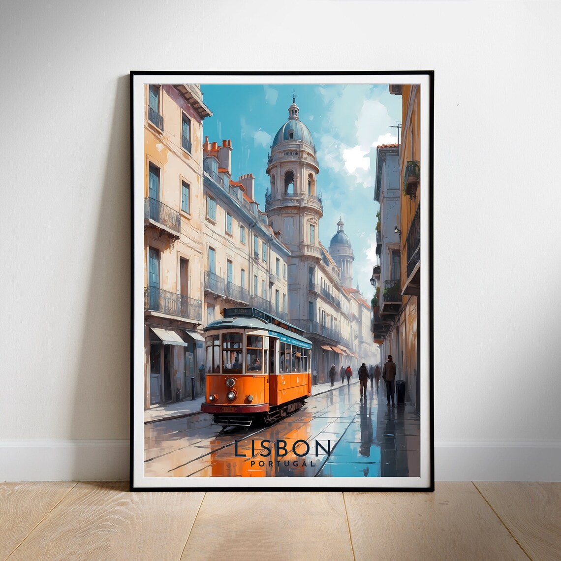 Lisbon Portugal Vintage Orange Tram Rainy Street Scene Travel Poster - Image 2