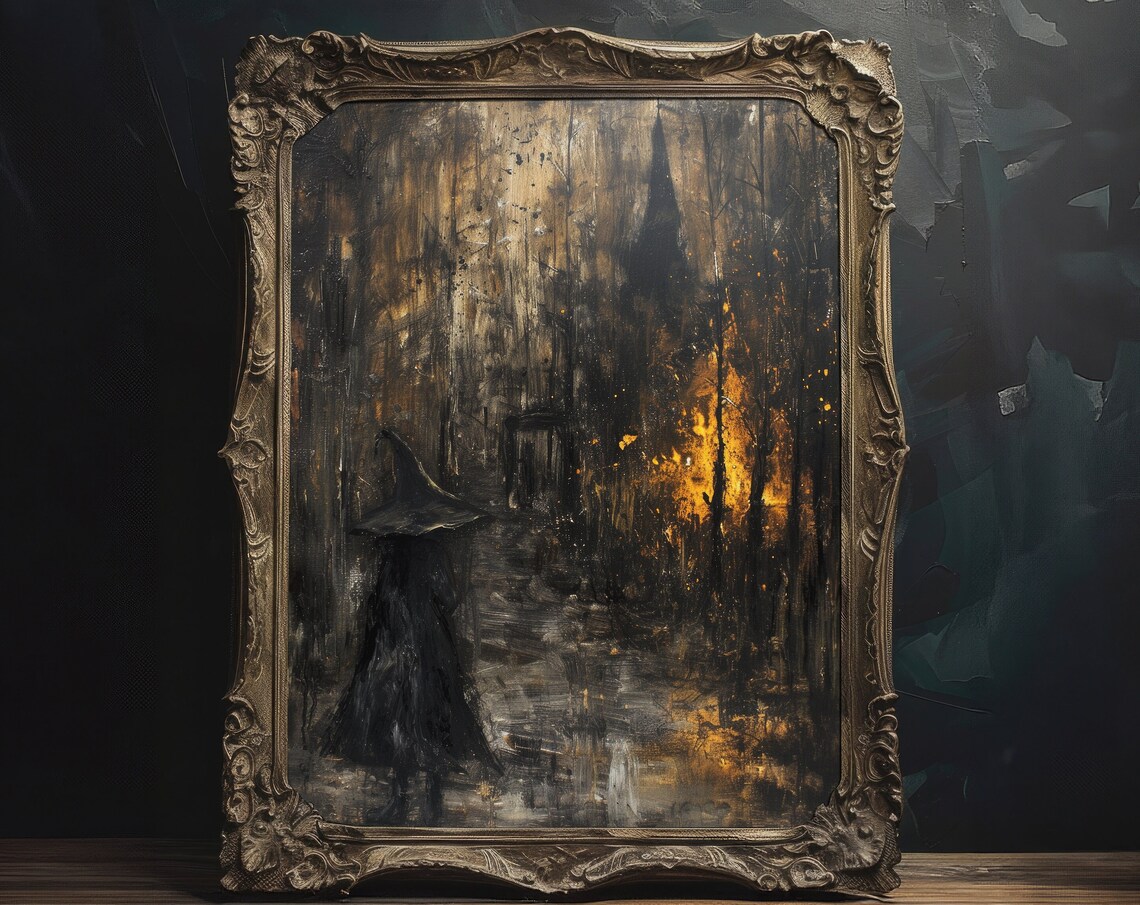 Witch In Burning Forest Dark Ornate Gothic Oil Painting Poster