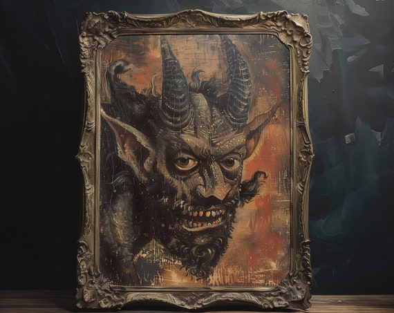 Vintage Style Satan Portrait Painting Wall Art Instant Moody Gothic Home Decor Dark Aesthetic Living Room Wall Decor