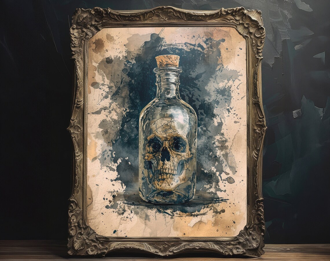 Skull In Glass Bottle Grunge Watercolor Painting Dark Art Print