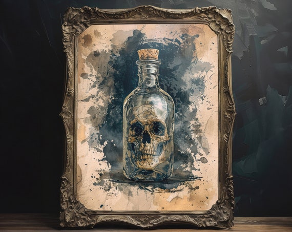 Grunge Style Skull Flask Wall Art Dark Aesthetic Vintage Painting Moody Goblincore Wall Decor Goth Wall Art