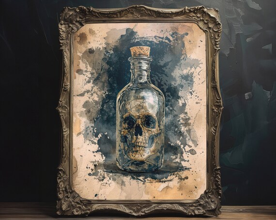 Skull In Glass Bottle Grunge Watercolor Painting Dark Art Print