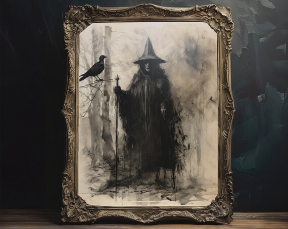 Dark Witch With Staff and Raven Misty Forest Gothic Wall Art