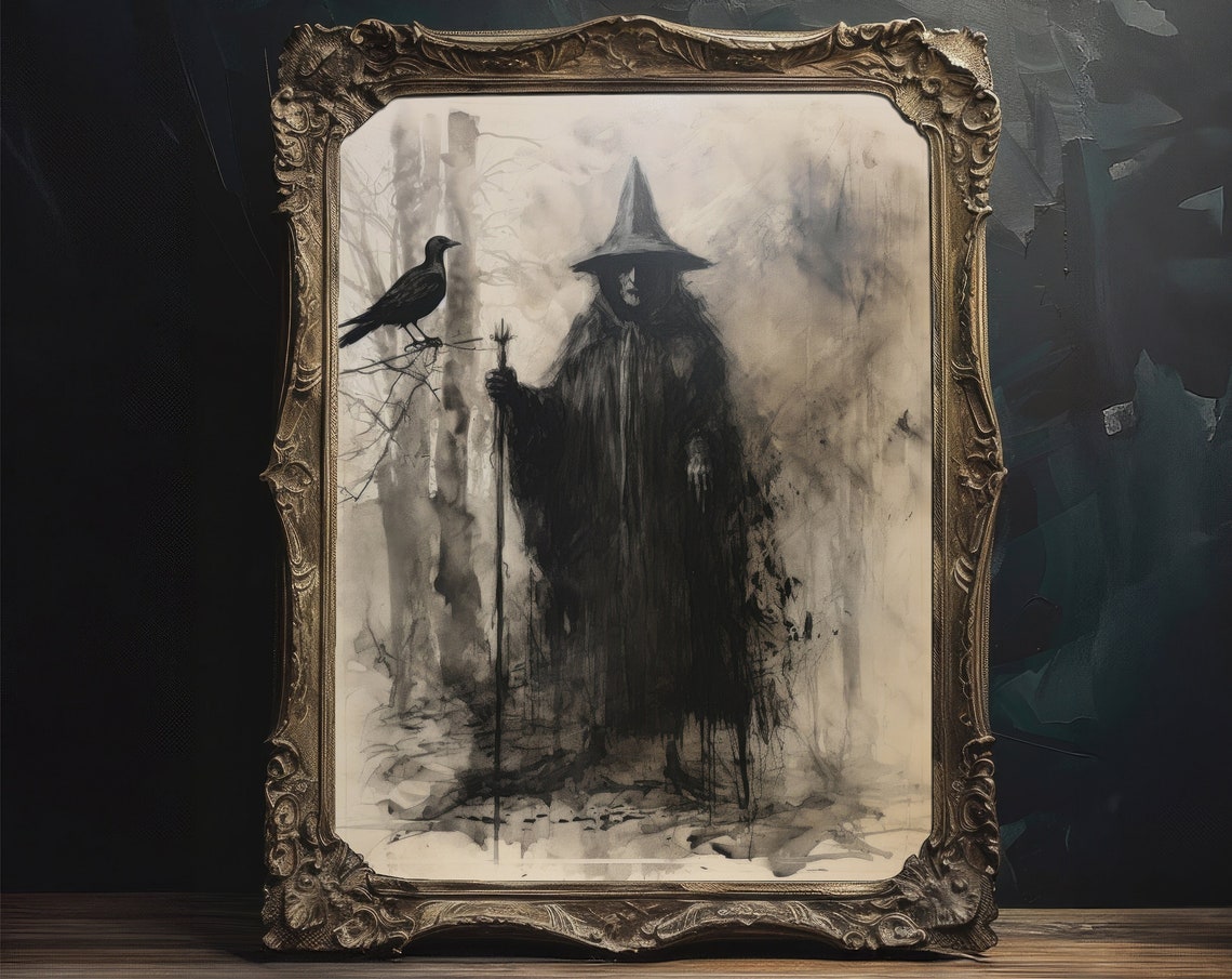 Dark Witch With Staff and Raven Misty Forest Gothic Wall Art