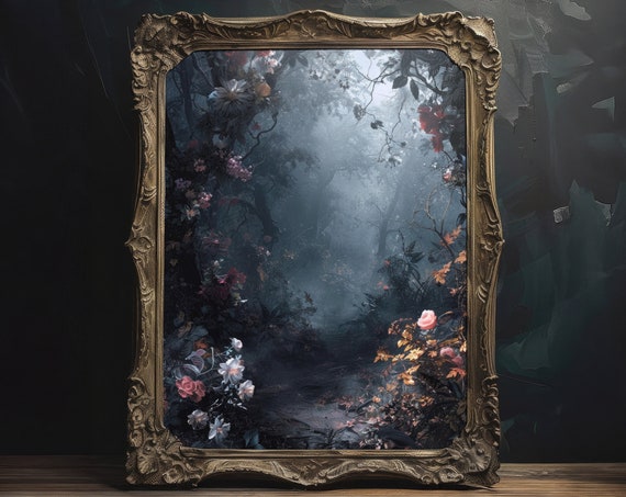 Enchanted Forest Glade Wall Art Dark Moody Forest Landscape Print Dark Cottagecore Wall Decor Floral Wall Art