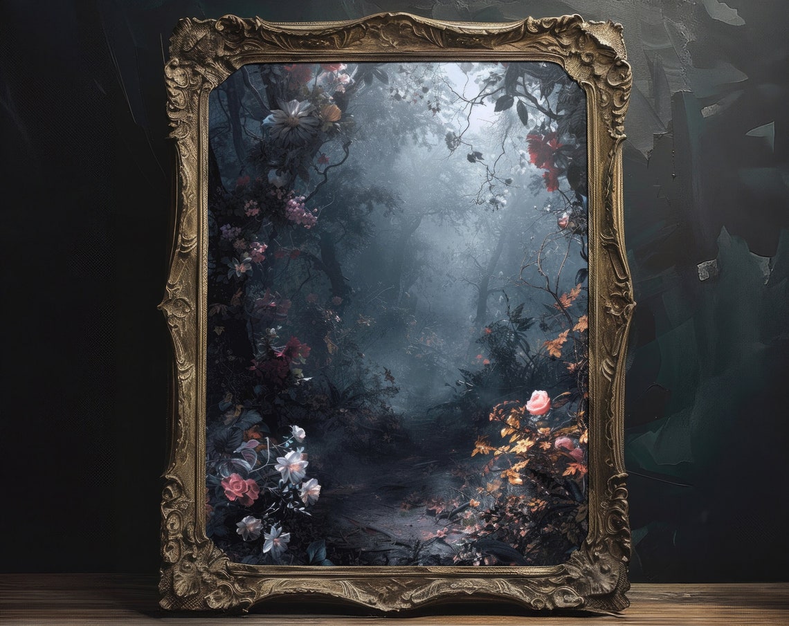 Misty Forest Glade With Wildflowers Moody Dark Botanical Poster