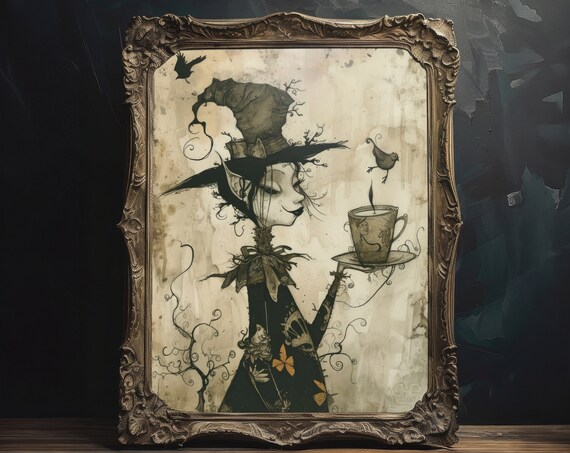 Whimsical Witch With Teacup Twig Hat Birds Ink Illustration Wall Art