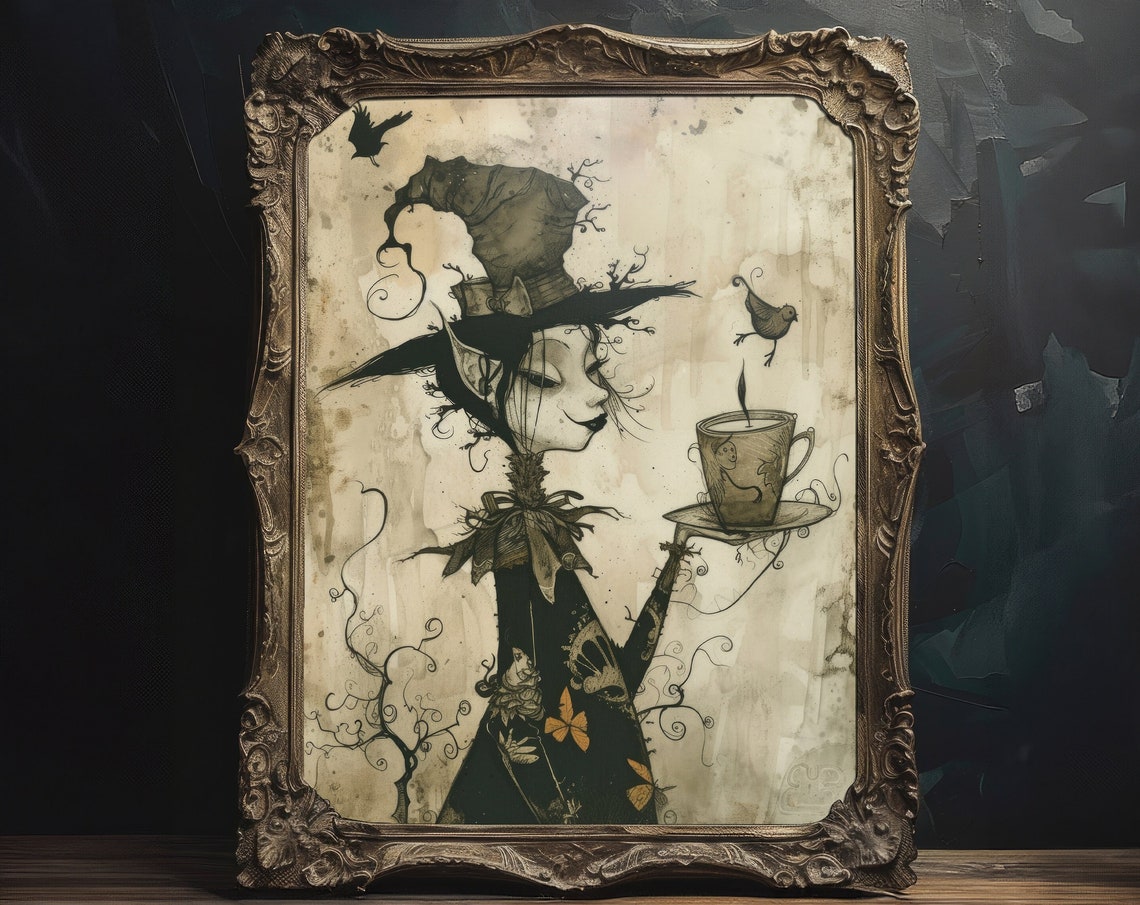 Whimsical Witch With Teacup Twig Hat Birds Ink Illustration Wall Art