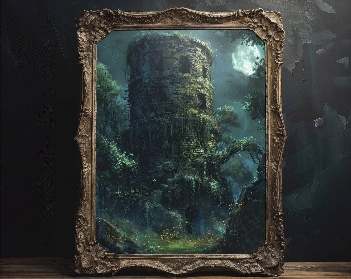 Ancient Moss Covered Tower Ruin Under Moonlight Fantasy Poster