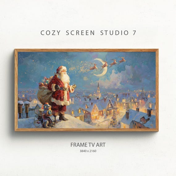 Magical Santa Claus Frame Tv Art Christmas Eve Over Town Painting