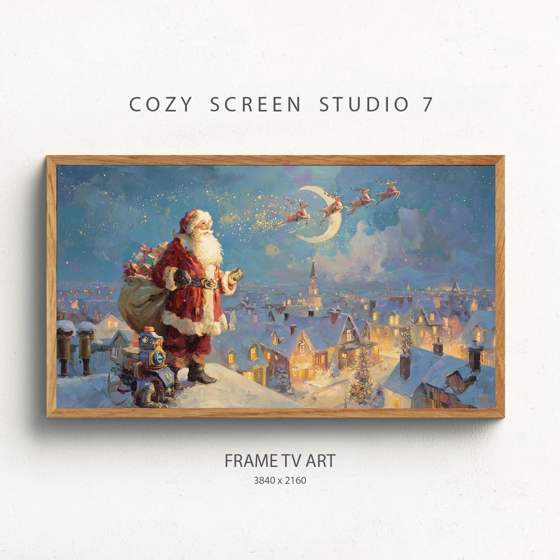 Magical Santa Claus Frame Tv Art Christmas Eve Over Town Painting