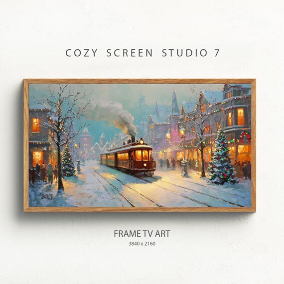 Vintage Christmas Train Town Street Snowy Holiday Night Poster