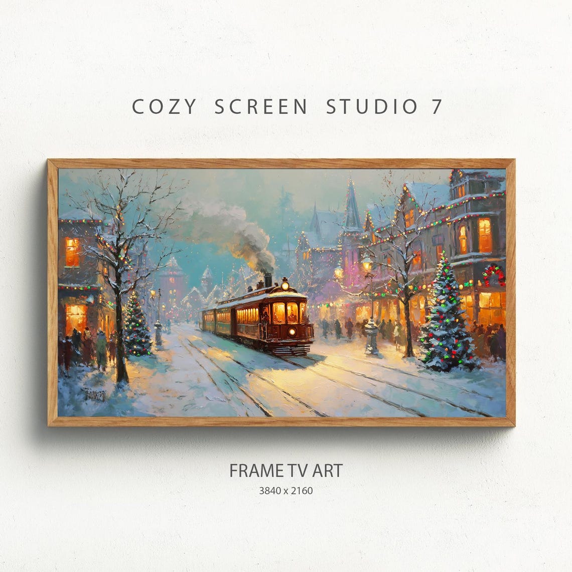 Vintage Christmas Train Frame Tv Art Pine Trees Painting