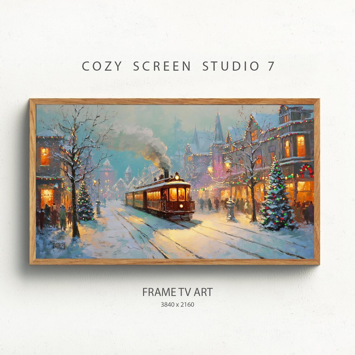 Vintage Christmas Train Town Street Snowy Holiday Night Poster