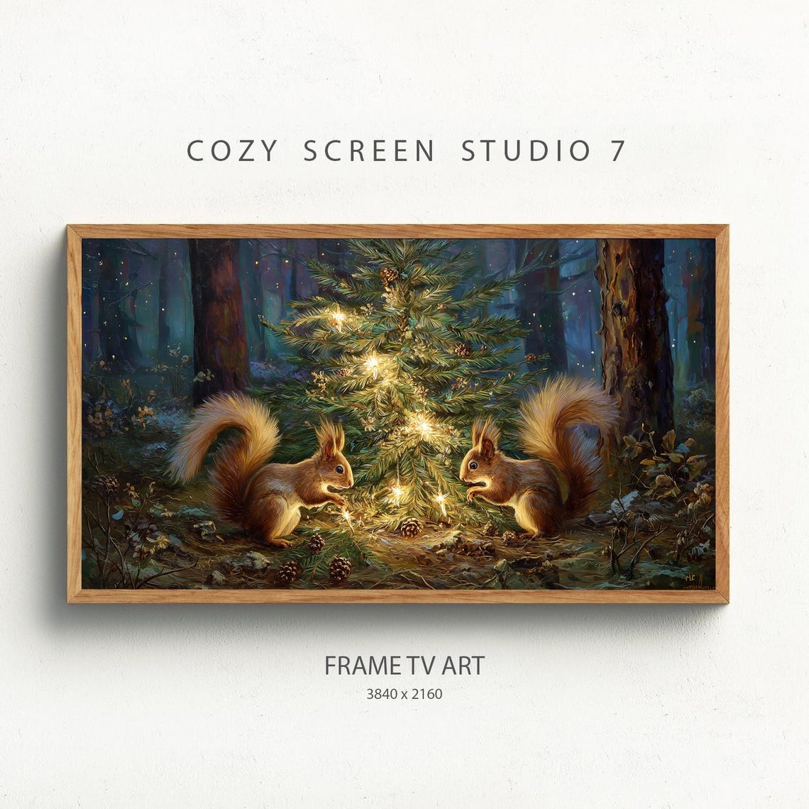 Christmas Squirrels Frame Tv Art Winter Tree In Forest Painting