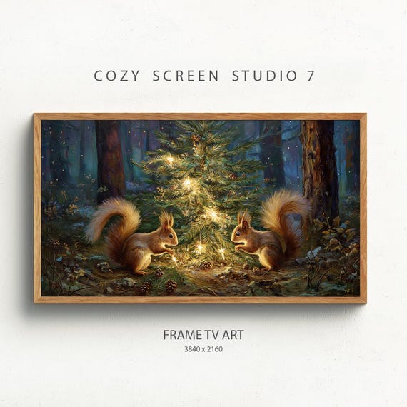 Christmas Squirrels Frame Tv Art Winter Tree In Forest Painting