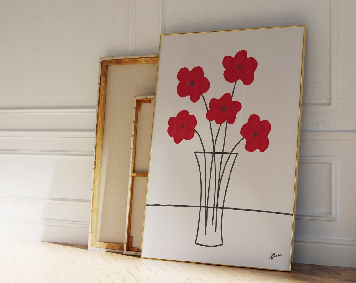 Poppies In Vase, Mid-Century Line Art Art Print