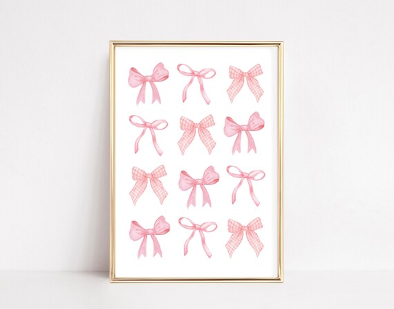 Twelve Pink Watercolor Bows Coquette Girl Room Decor Gift Poster