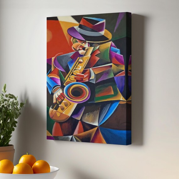 Cubist Jazz Saxophonist Fedora Colorful Abstract Music Art Poster