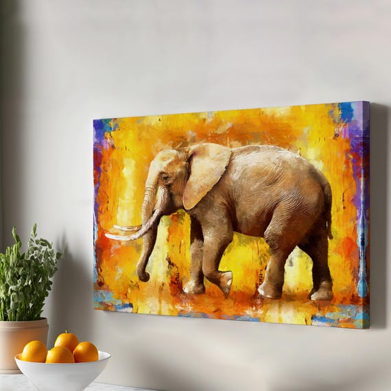 Modern Art Style Walking Elephant Oil Painting Look Canvas Wall Housewarming Gifts Large Animal Decor