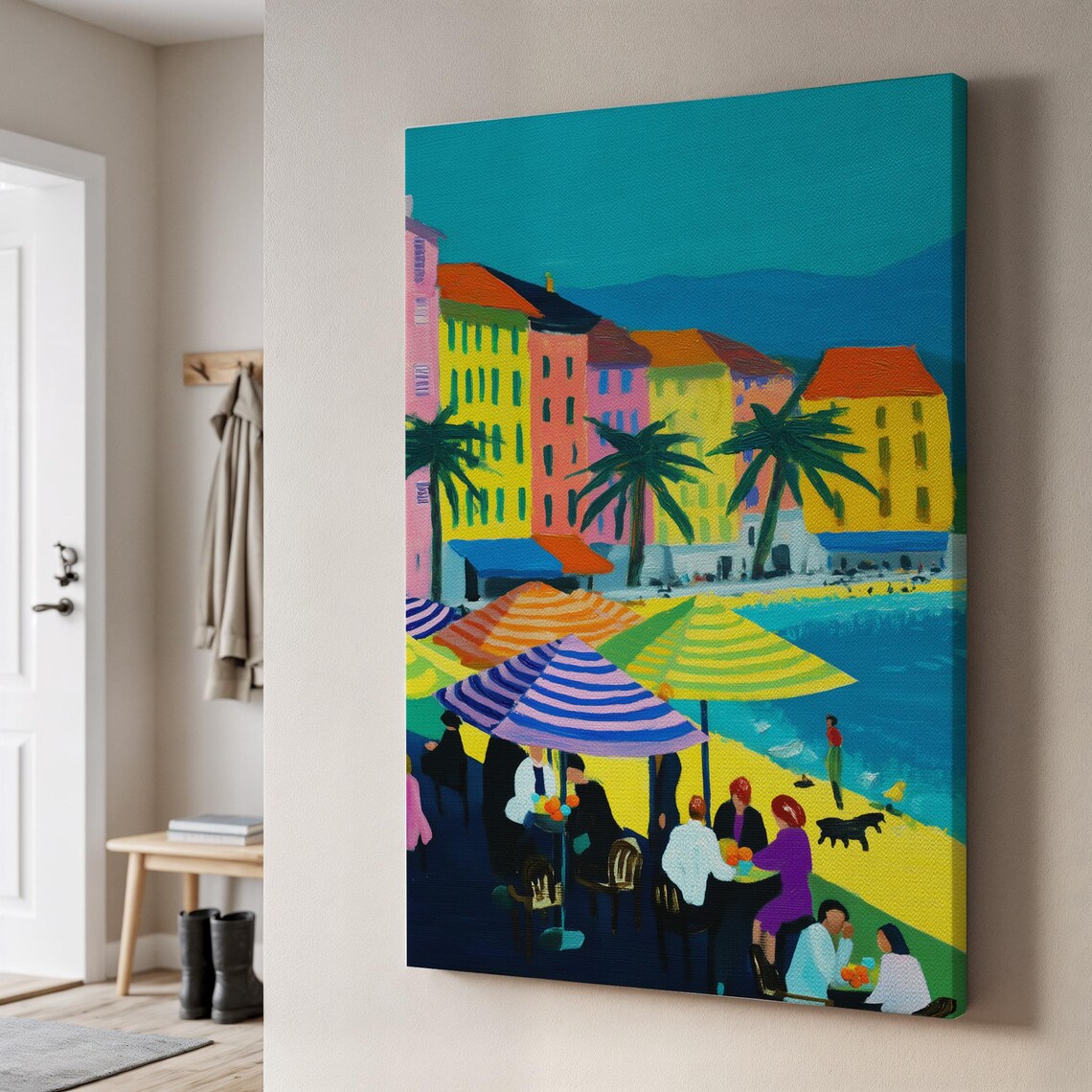 Beachside Cafe Colorful Fauvist Coastal Scene Umbrella Painting Wall Art