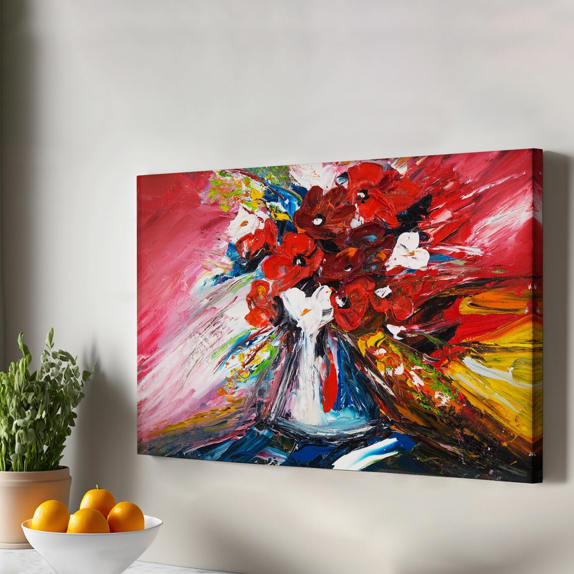 Red White Flowers Vase Abstract Impasto Oil Painting Bold Floral Poster