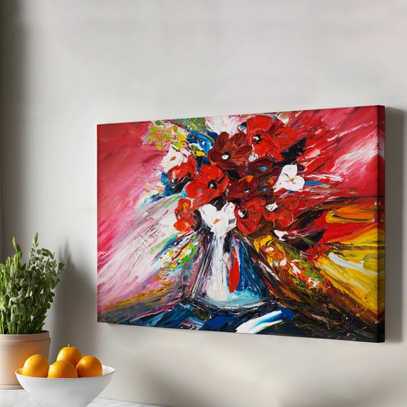Vase With Flowers Oil Painting Look Decorative Wall Art Abstract Canvas Print Framed