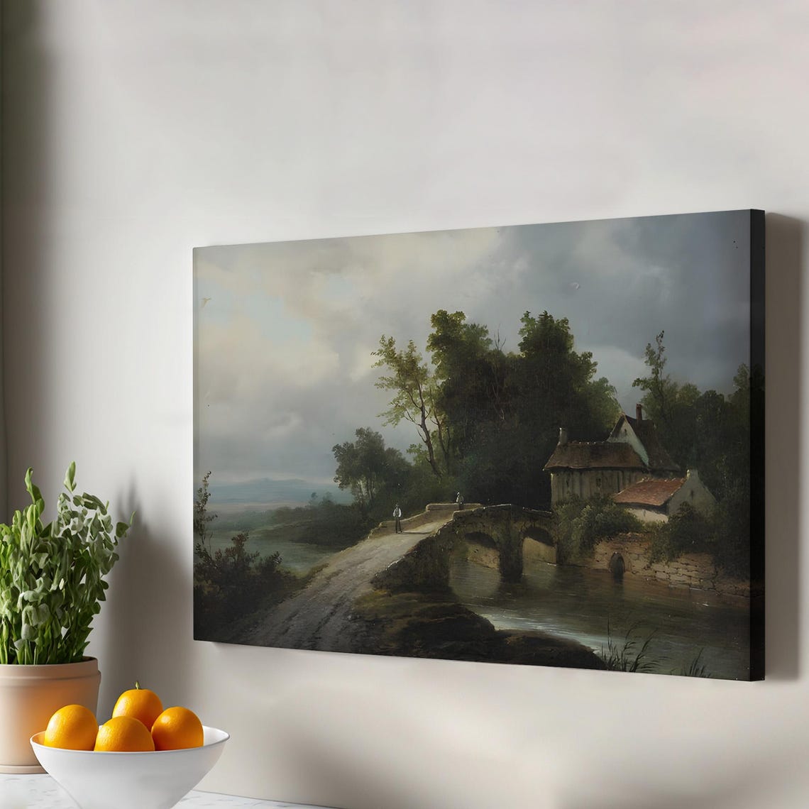 Stone Bridge Over River Cottage Classic Vintage Landscape Poster