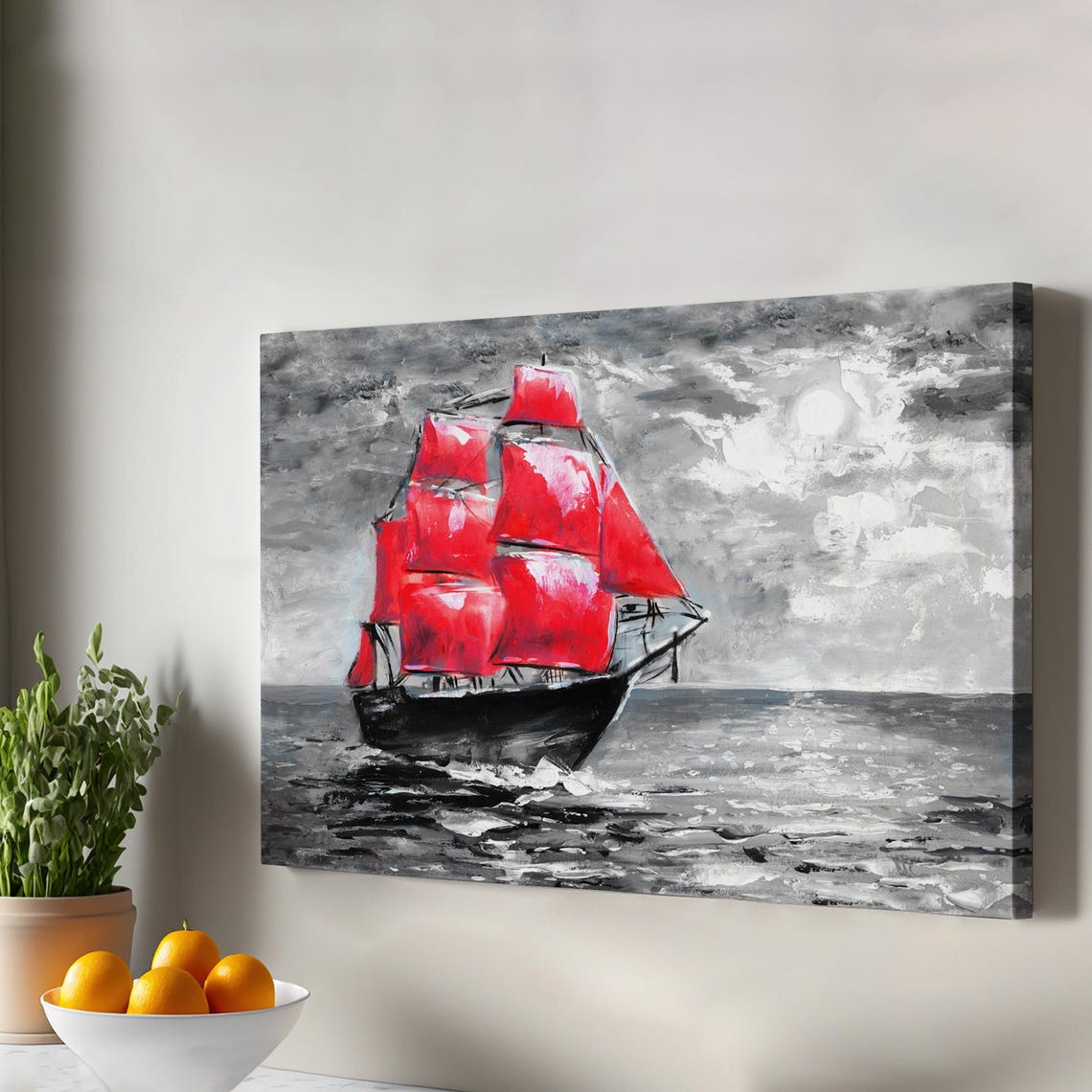 Red Sailed Tall Ship Ocean Storm Dramatic Nautical Art Poster