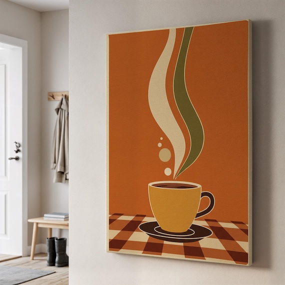 Retro Coffee Cup Warm Orange Morning Brew Kitchen Art Poster