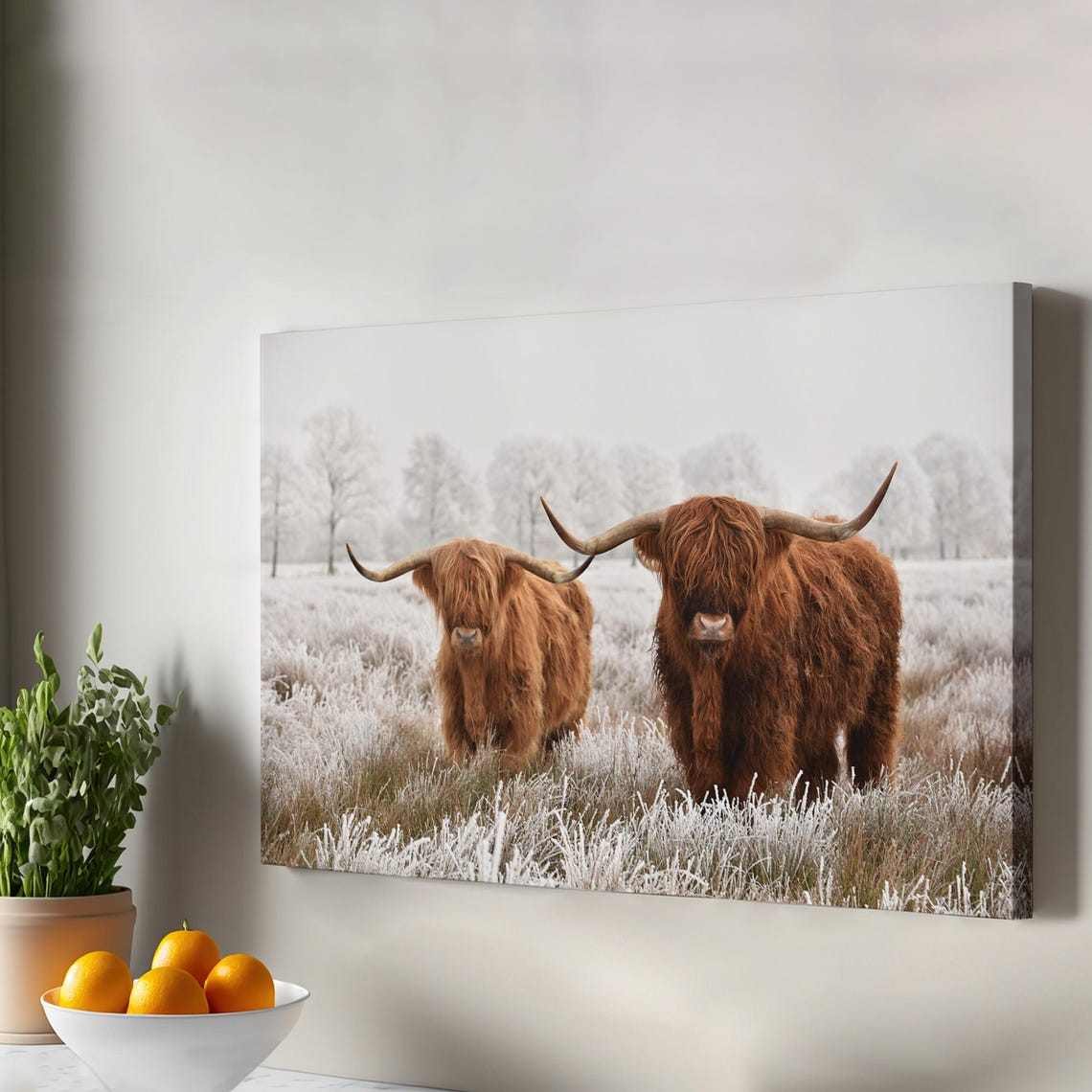 Highland Cattle in Snowy Winter Field Rustic Cows Animal Print