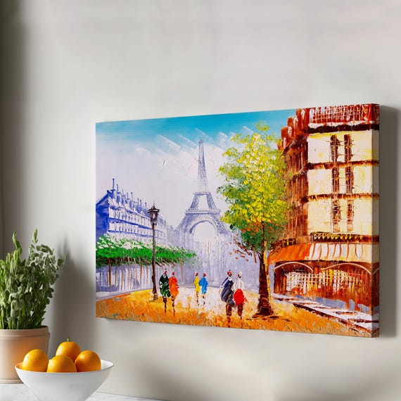 Eiffel Tower View Oil Painting Look Decorative Canvas Wall Art Housewarming Gift Framed Regional Decor