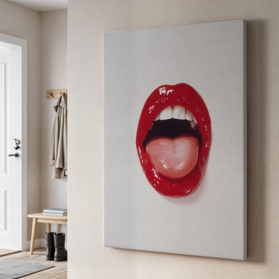 Glossy Red Lips Canvas Wall Art Bold Open Mouth With Tongue On Beige Pop Print For Fashion Lovers Modern Rooms Or Edgy Home Decor