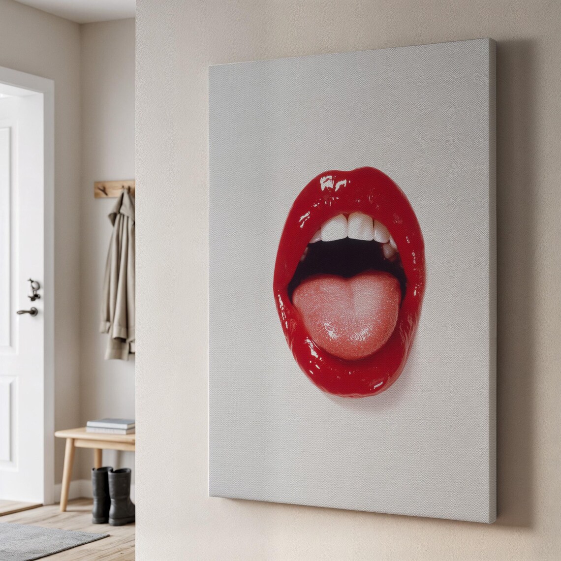 Glossy Red Lips Pop Art Canvas Bold Open Mouth Tongue Wall Art