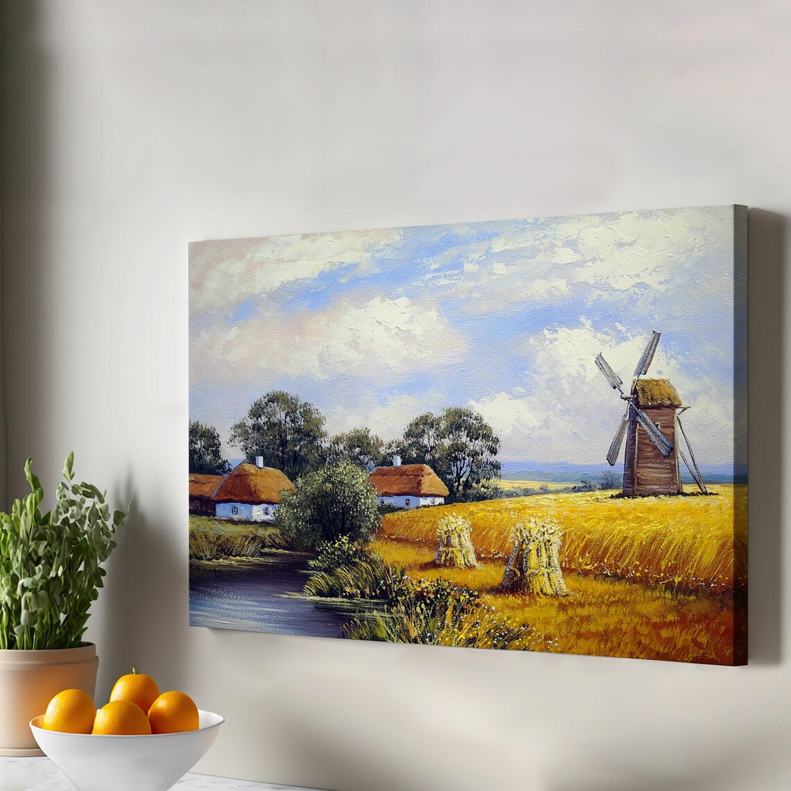 Wheat Field Windmill Oil Painting Golden Harvest Farm Countryside Print