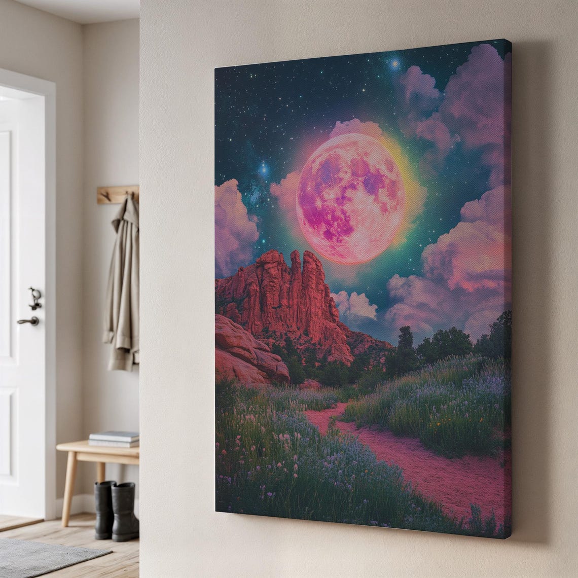 Fantasy Landscape Canvas Wall Art Neon Full Moon Over Rocky Path With Wildflowers Surreal Nature Scene Framed For Boho Interiors