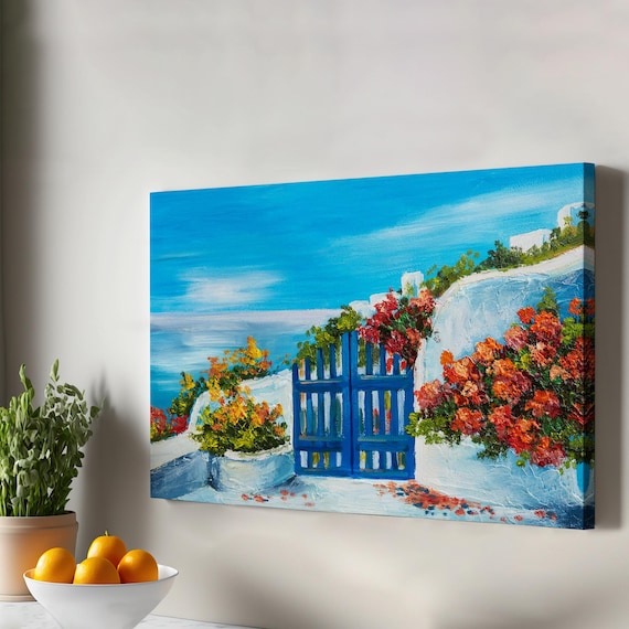 Greek Island Blue Gate Bougainvillea Painting Whitewashed Steps Aegean Sea View Wall Art