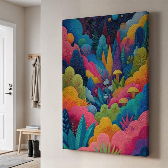 Vibrant Abstract Forest Canvas Art Colorful Fantasy Landscape With Mushrooms And Trees Whimsical Nature Wall Decor Bold Artwork
