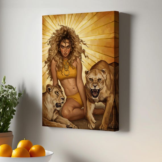 Blonde Wild Woman Sitting With Lions Canvas Print N Modern Wall Decor Large Art Framed