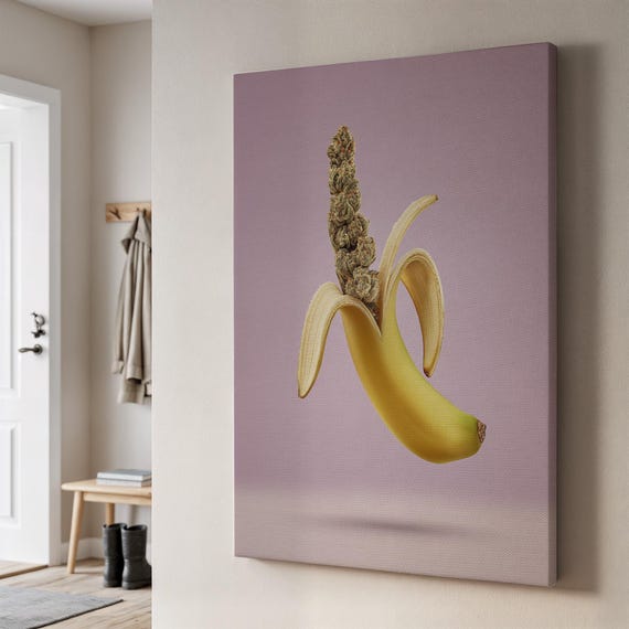 Surreal Banana Cannabis Canvas Wall Art Whimsical Pink Poster Modern Funny Kitchen Decor Framed Gift For Trendy Cool Or Boho Spaces