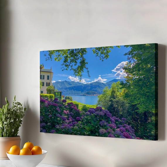 Italian Lake Villa Garden with Purple Flowers Landscape Wall Art