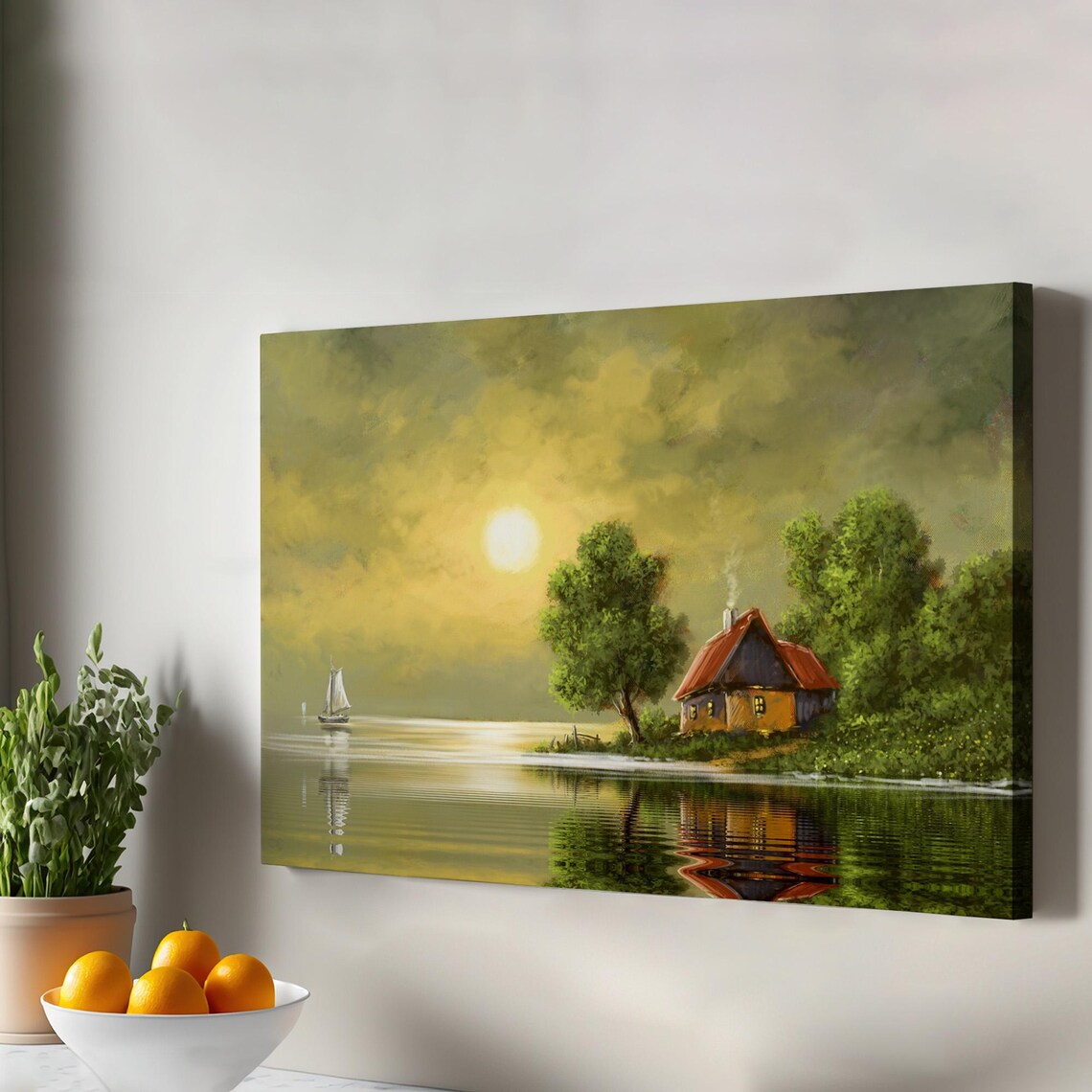 Lakeside Cottage Moonlight Sailboat Oil Painting Look Wall Art