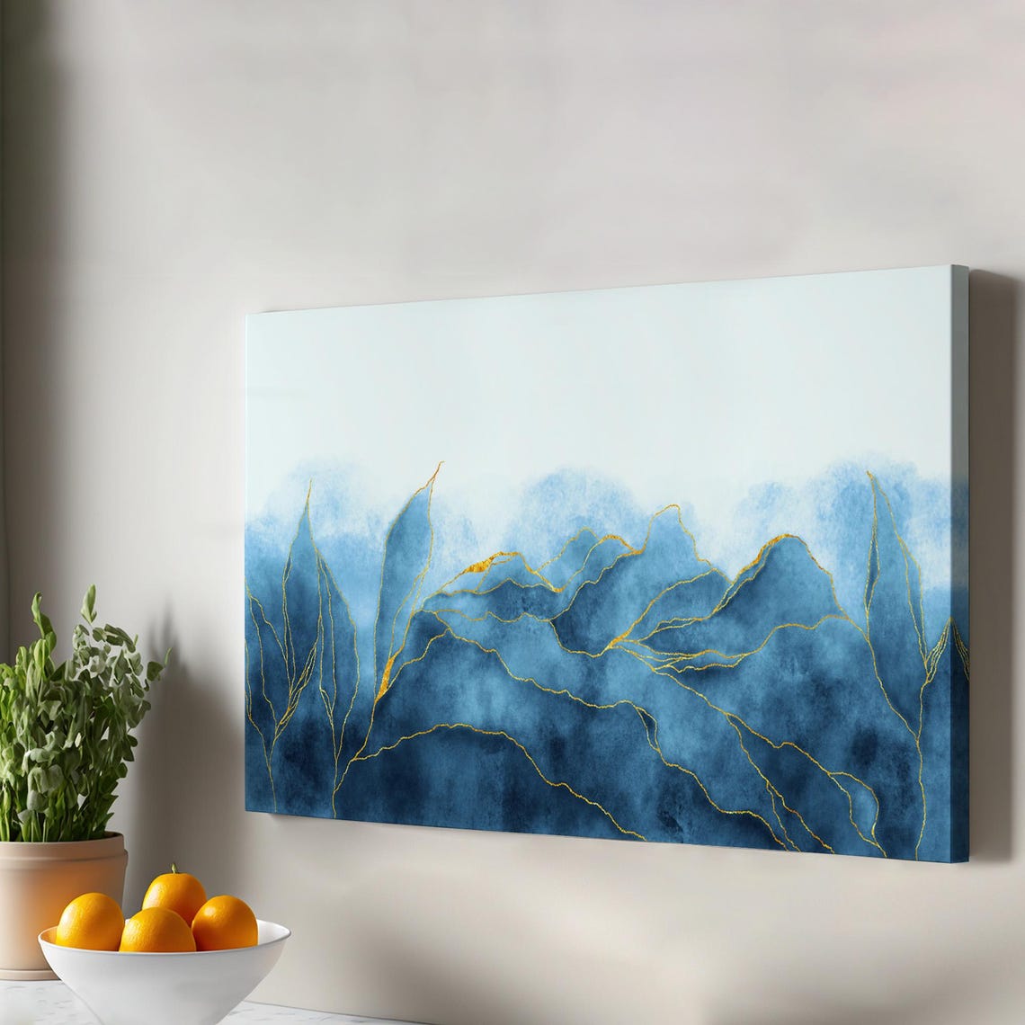 Blue Marble Abstract With Gold Veins Modern Canvas Art Print