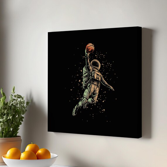 Astronaut Playing Basketball Moon Slam Dunk Retro Space Art Poster