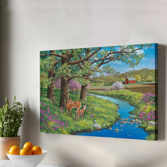 Deer And Fawn By The Stream Wall Art Nature Canvas Decor Landscape Table
