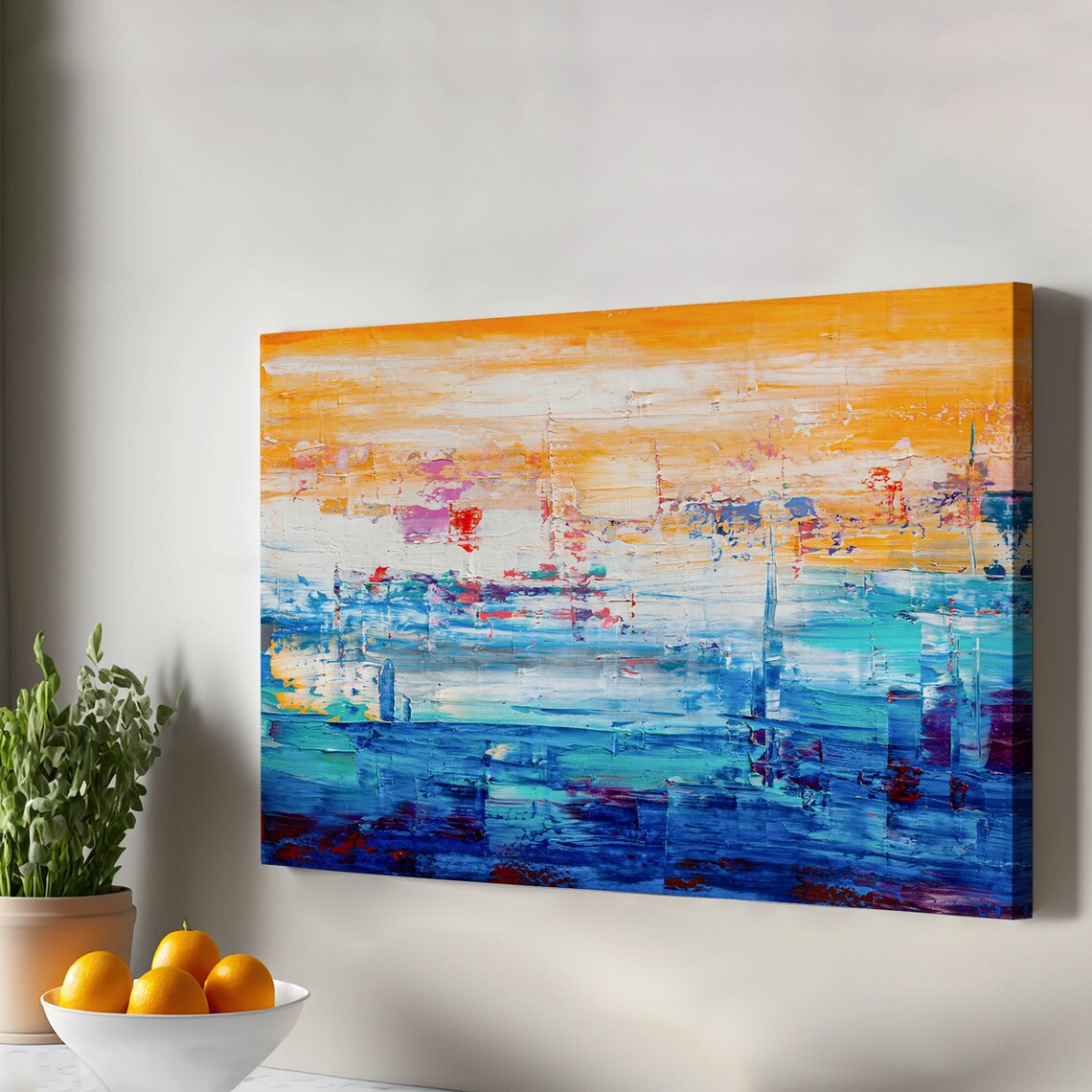 Abstract Orange Teal Blue Sunset Landscape Impasto Oil Painting Poster
