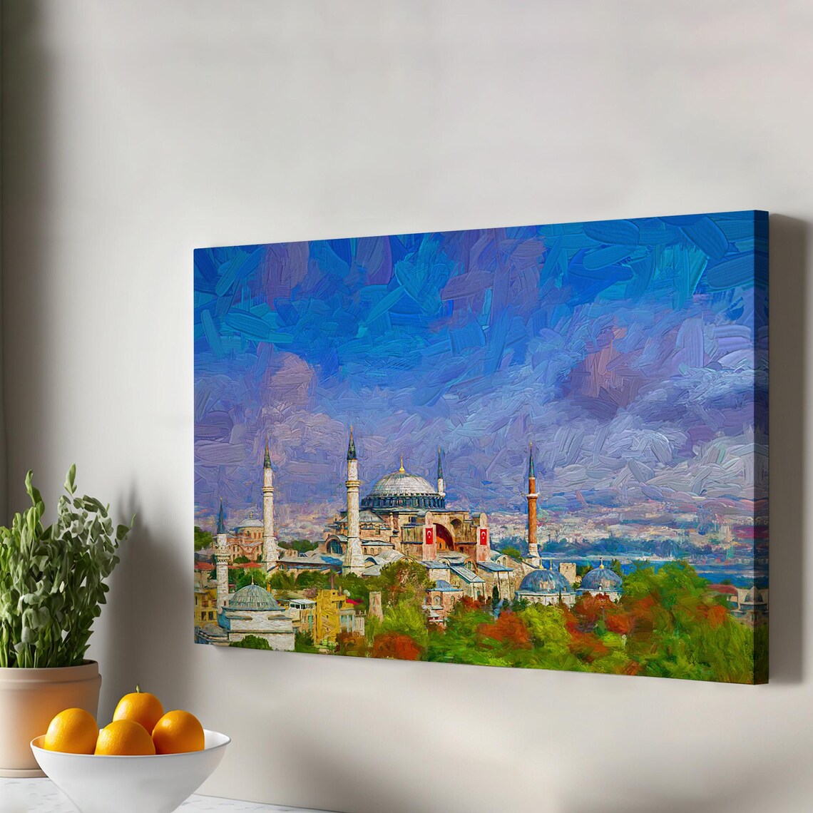Hagia Sophia Istanbul Mosque Blue Sky Oil Painting Look Wall Art