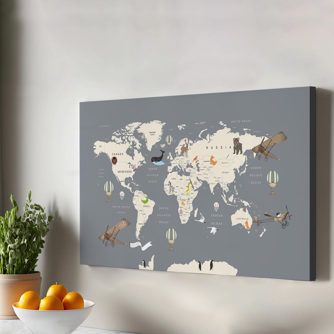 Kids World Map Animal Explorer Nursery Decor Educational Wall Print